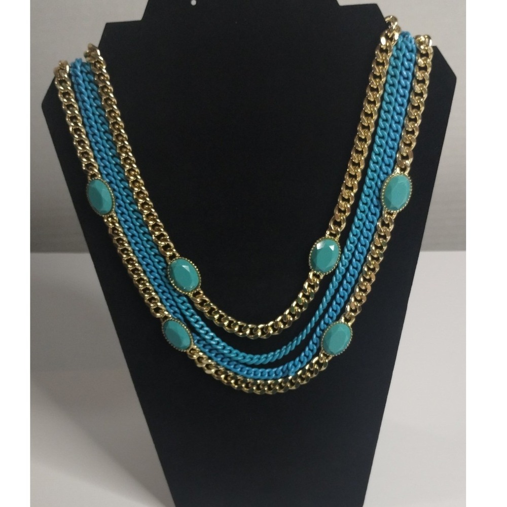 Gold and Turquoise Blue Multi Strand‎ Curb Chain Statement Necklace 20 Inch